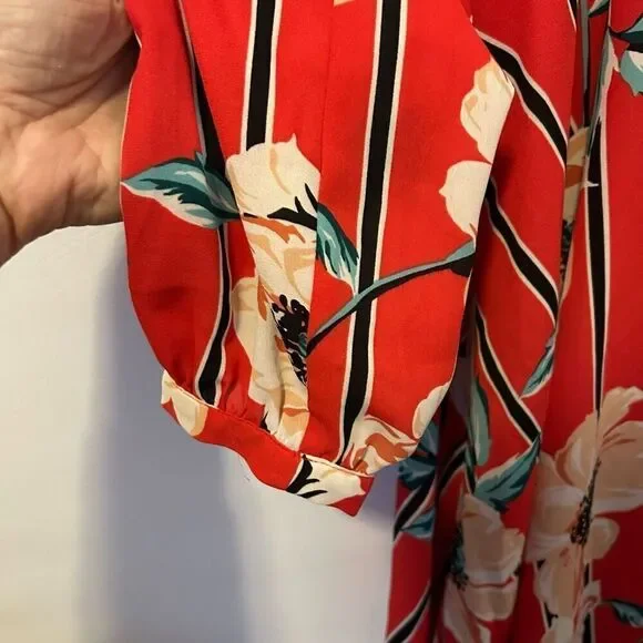 Express Women Dress small Red Floral Long Sleeve Mini Surplice wrap Lined fairy - Picture 6 of 13